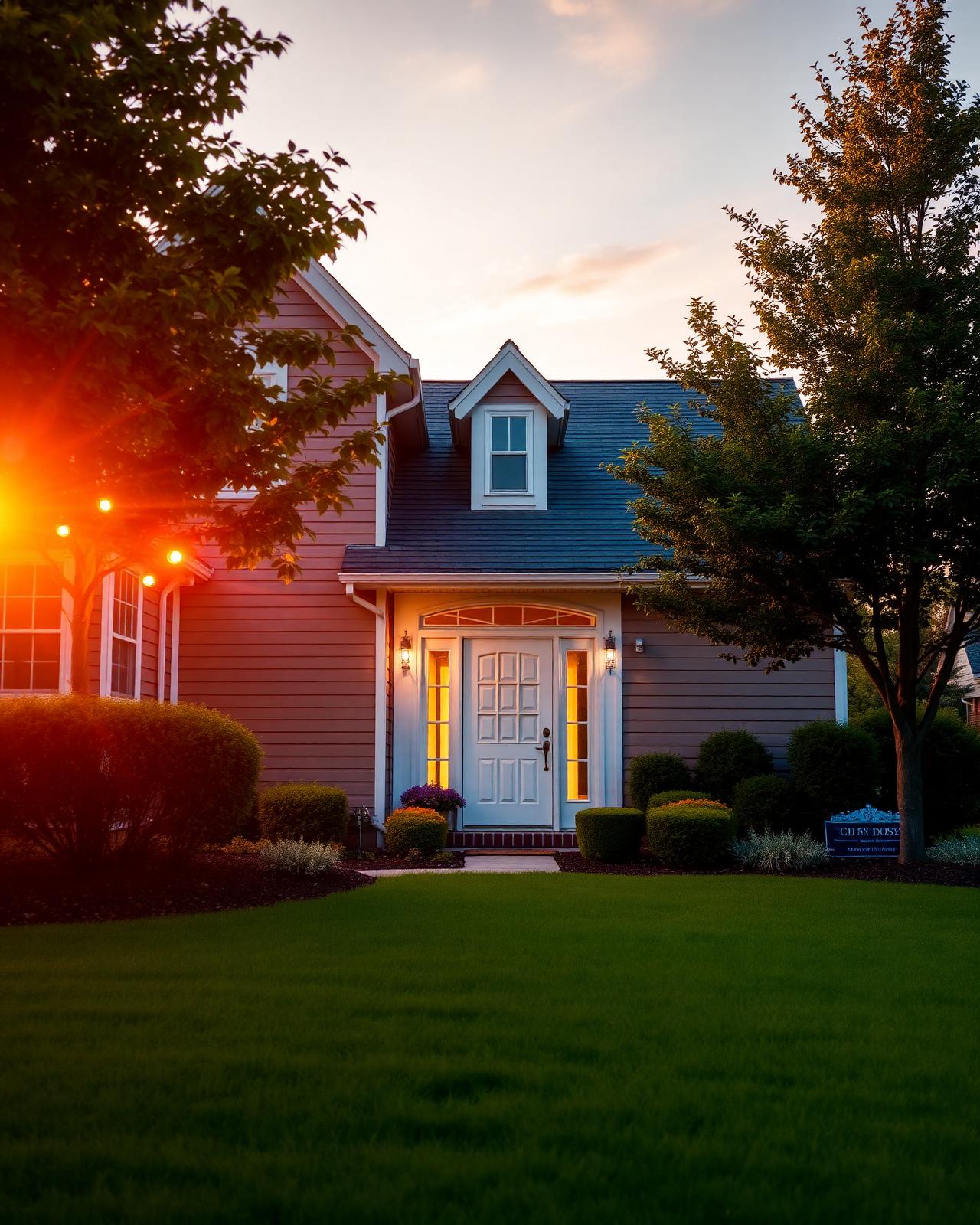 Warm suburban home at sunset